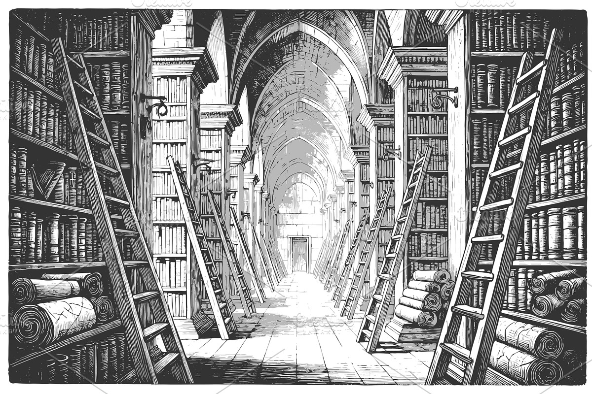 Ancient Library Hall with Scrolls, an Illustration by AlexArt