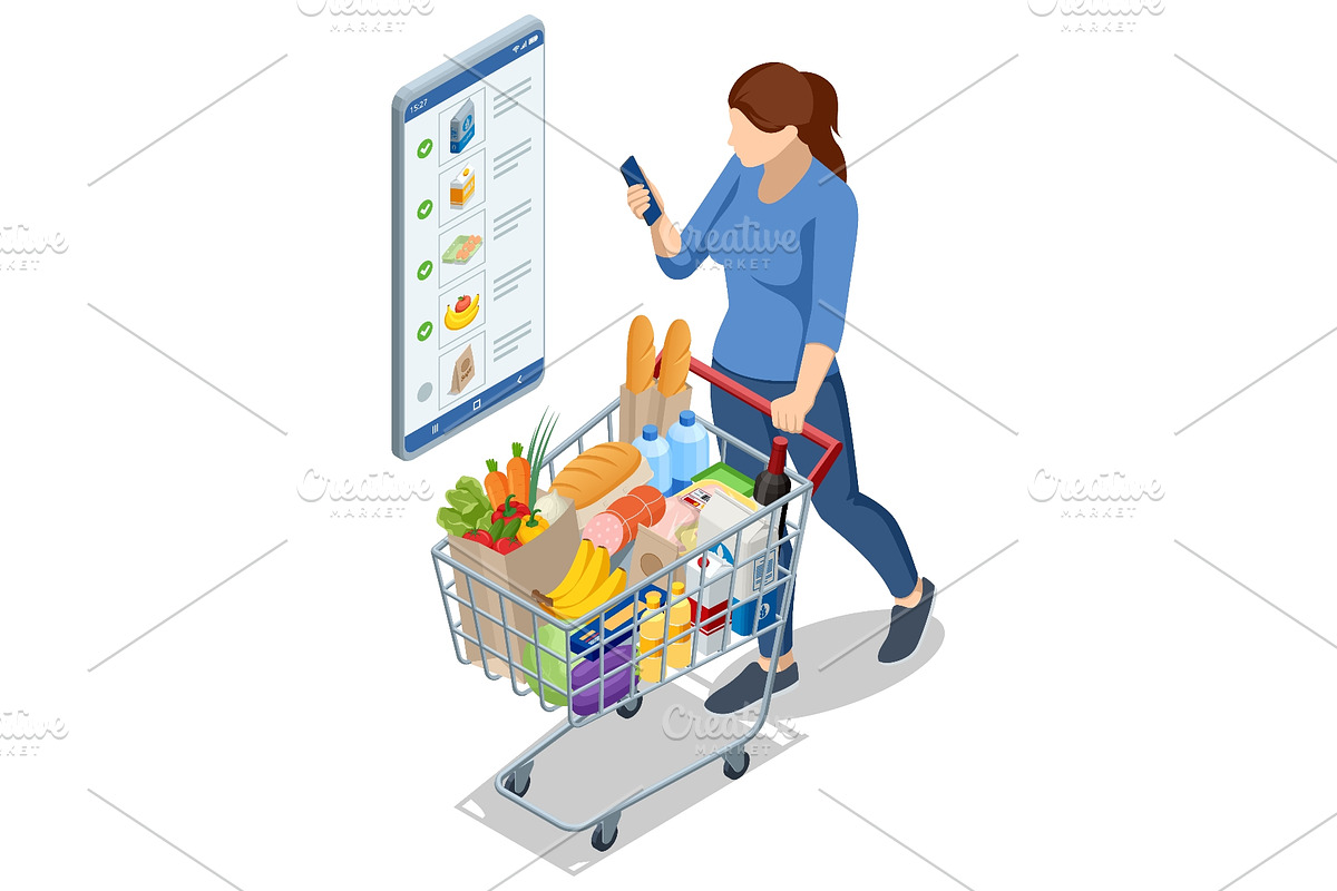 Isometric Woman with Grocery Cart, a Food Illustration by Golden Sikorka (Photo 2 of 3)