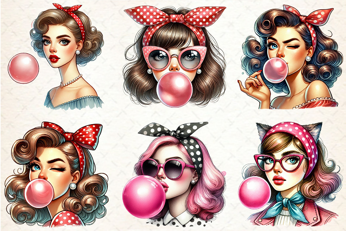 Retro Girl Blowing a Bubblegum Clipa, a Seasonal Illustration by Rose Art (Photo 4 of 4)