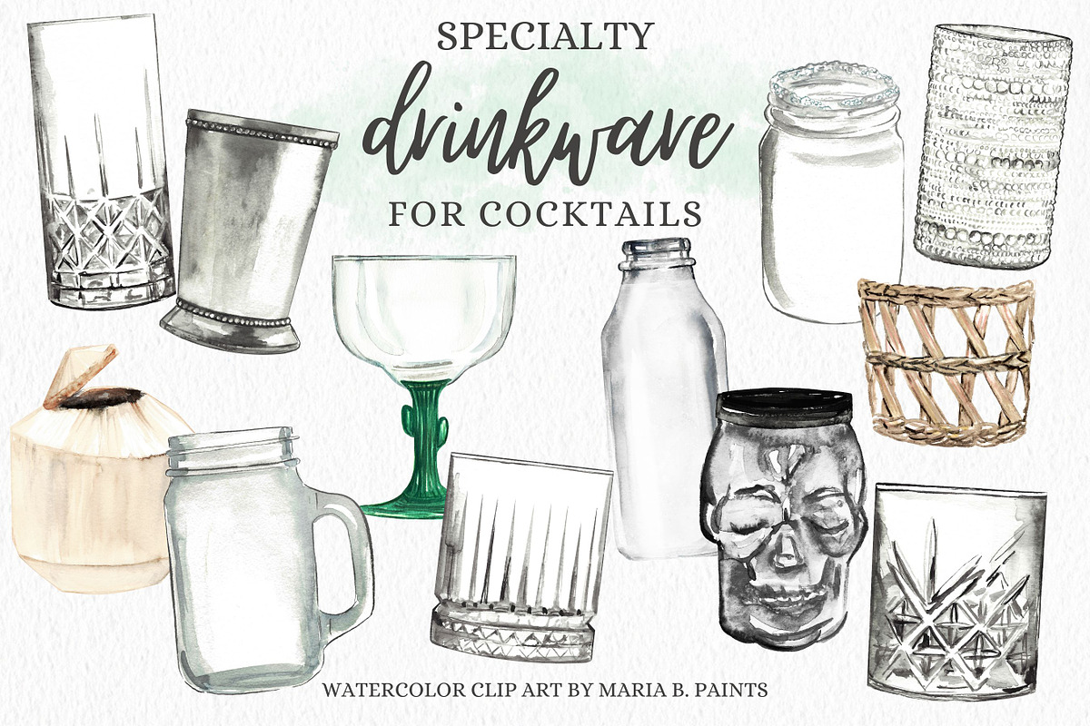 Specialty Cocktail Drinkware Glasses, a Food Illustration by Maria B. Paints