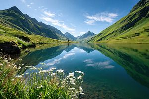 Serene alpine lake reflects mountains under a clear blue sky with lush green hi, a Nature Photo by AlyaAnd