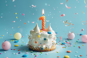 Birthday cake with one candle number 1 on blue background, a Food & Drink Photo by AlyaAnd