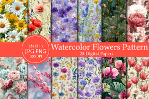 watercolor flowers pattern, an Illustration by Designworld