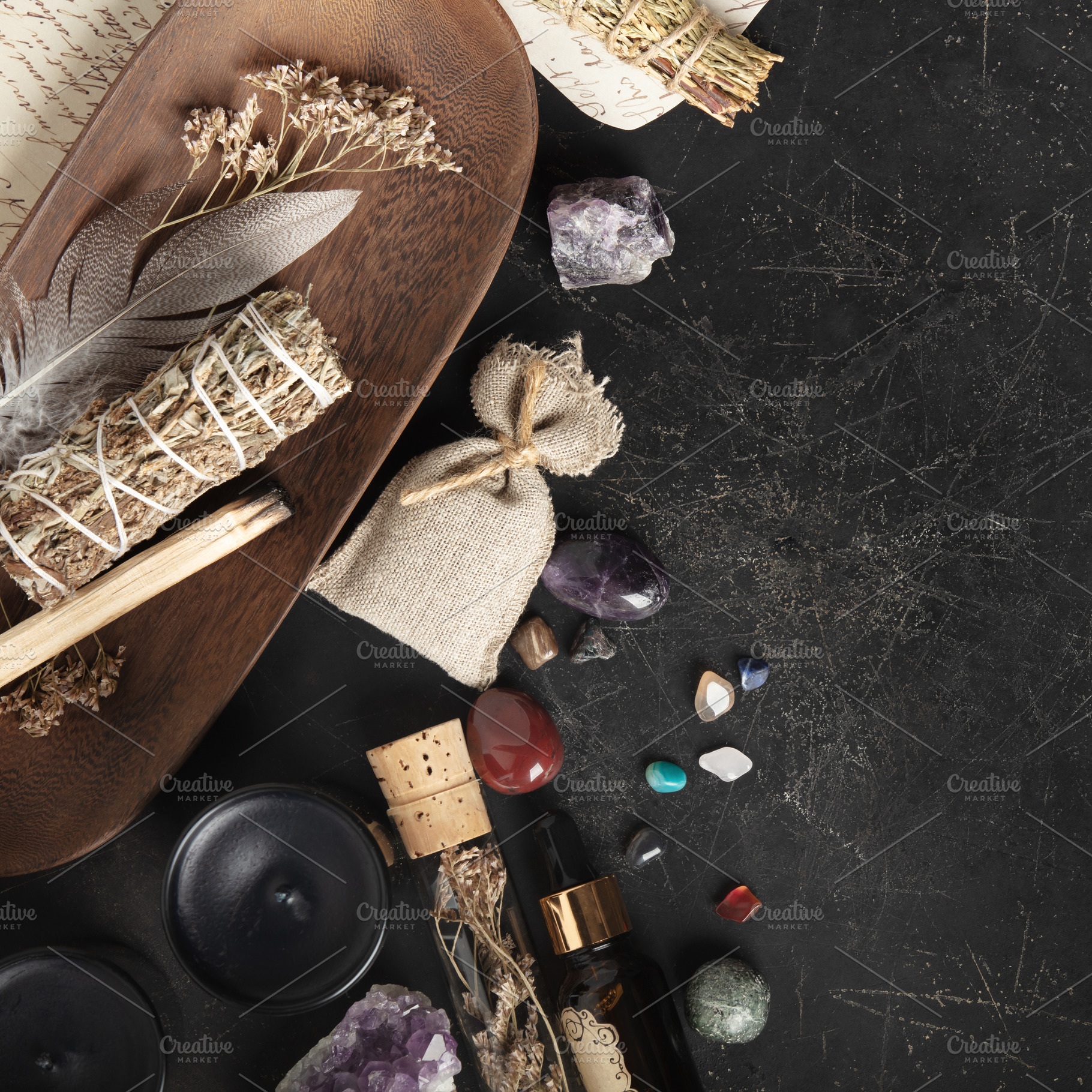 Rustic Aromatherapy and Healing Crystal Arrangement on Dark Back, a Health & Medical Photo by Natalia Klenova's Shop