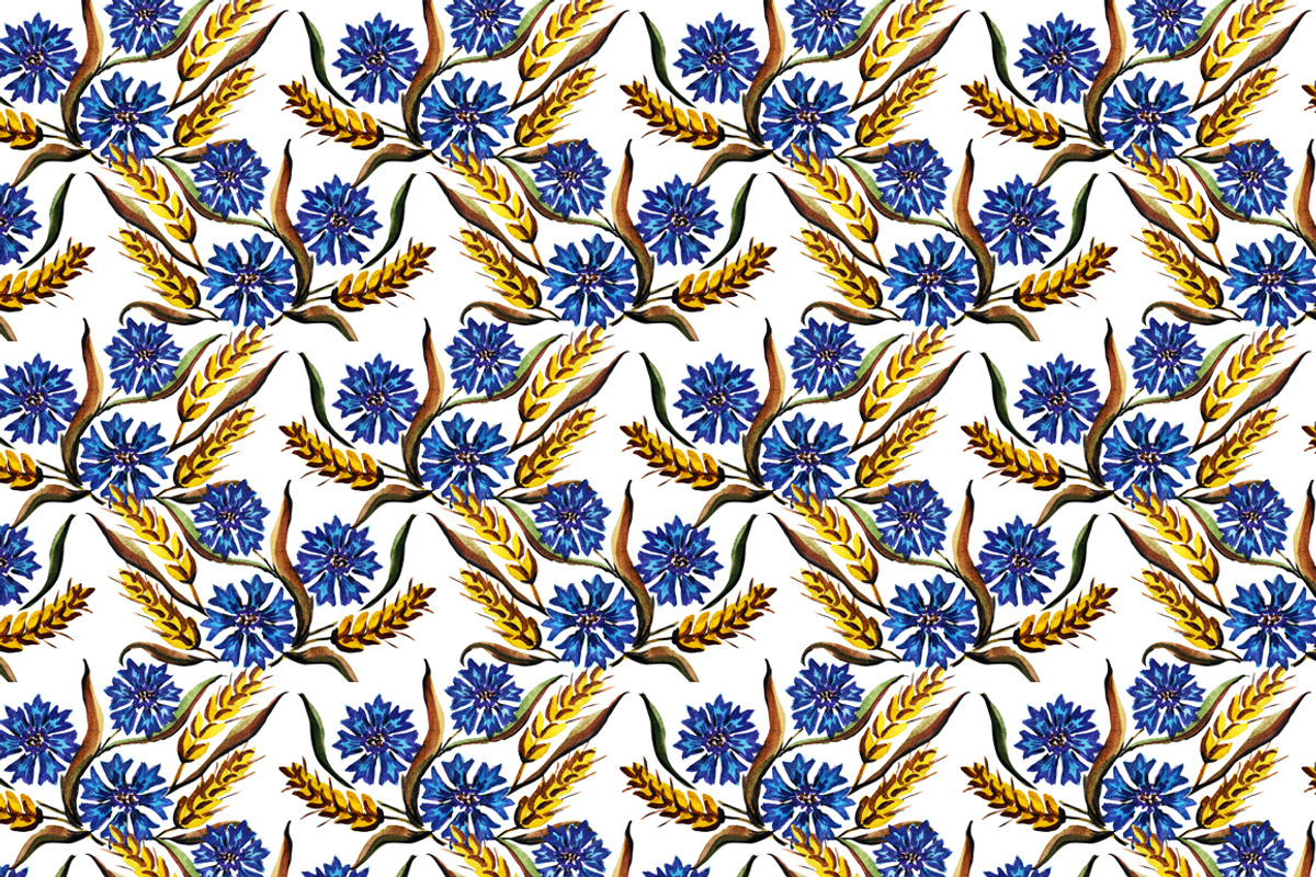Watercolor Cornflowers and Wheat