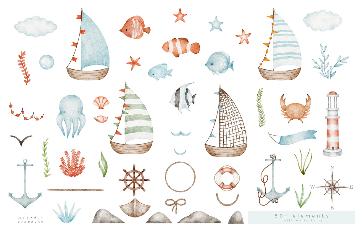 LITTLE SAILOR watercolor set, an Animal Illustration by erasovas (Photo 3 of 12)