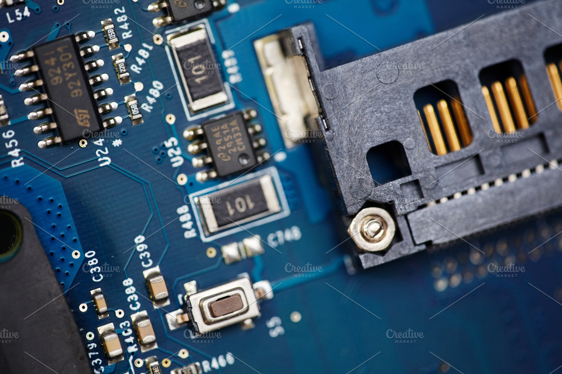 Macro shot of computer motherboard with connector slot and microchips., a Technology Photo by Rohan Photography