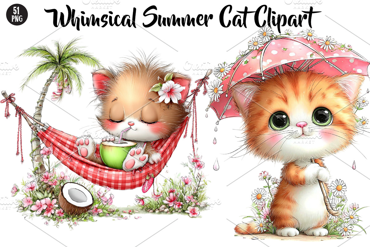 Whimsical Summer Cat Clipart, a Seasonal Illustration by CreationArt (Photo 1 of 5)