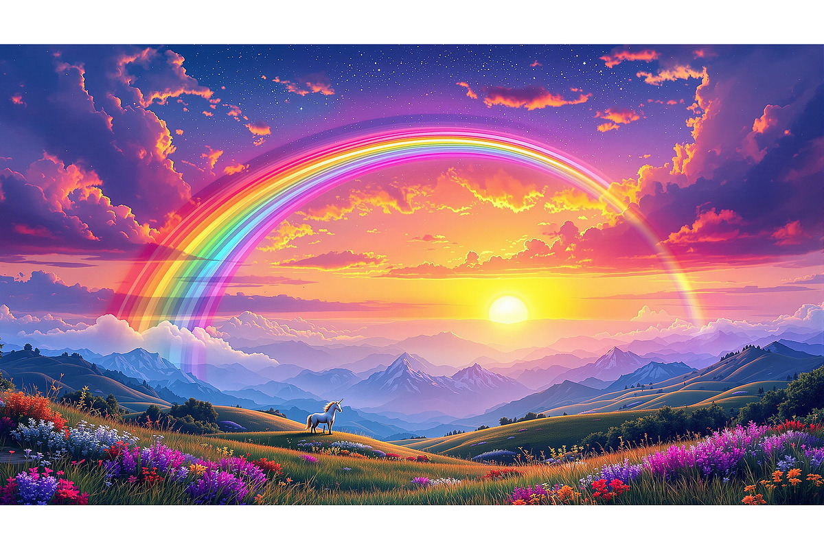 Unicorn Under a Rainbow in a Meadow, a Decorative Illustration by Sharon Schwalbe
