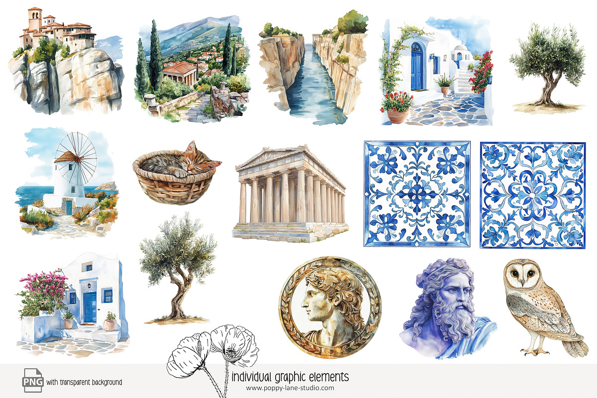 90 watercolour Greece clip art, a Seasonal Illustration by Poppy Lane Studio (Photo 6 of 12)