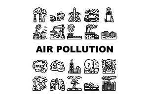 air pollution smog emissions icons, an Illustration by pikepicture