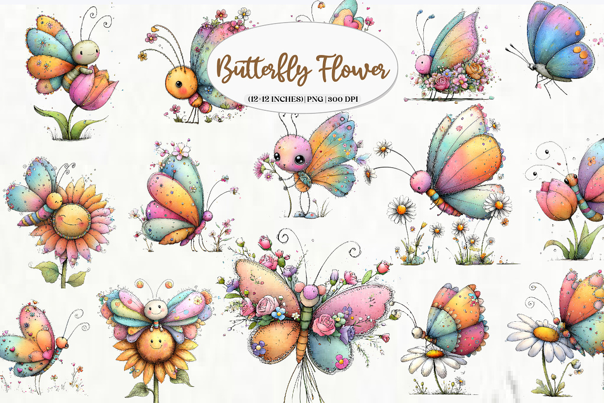 Cartoon Butterfly Flower Clipart, an Illustration by Watercolor design (Photo 8 of 8)