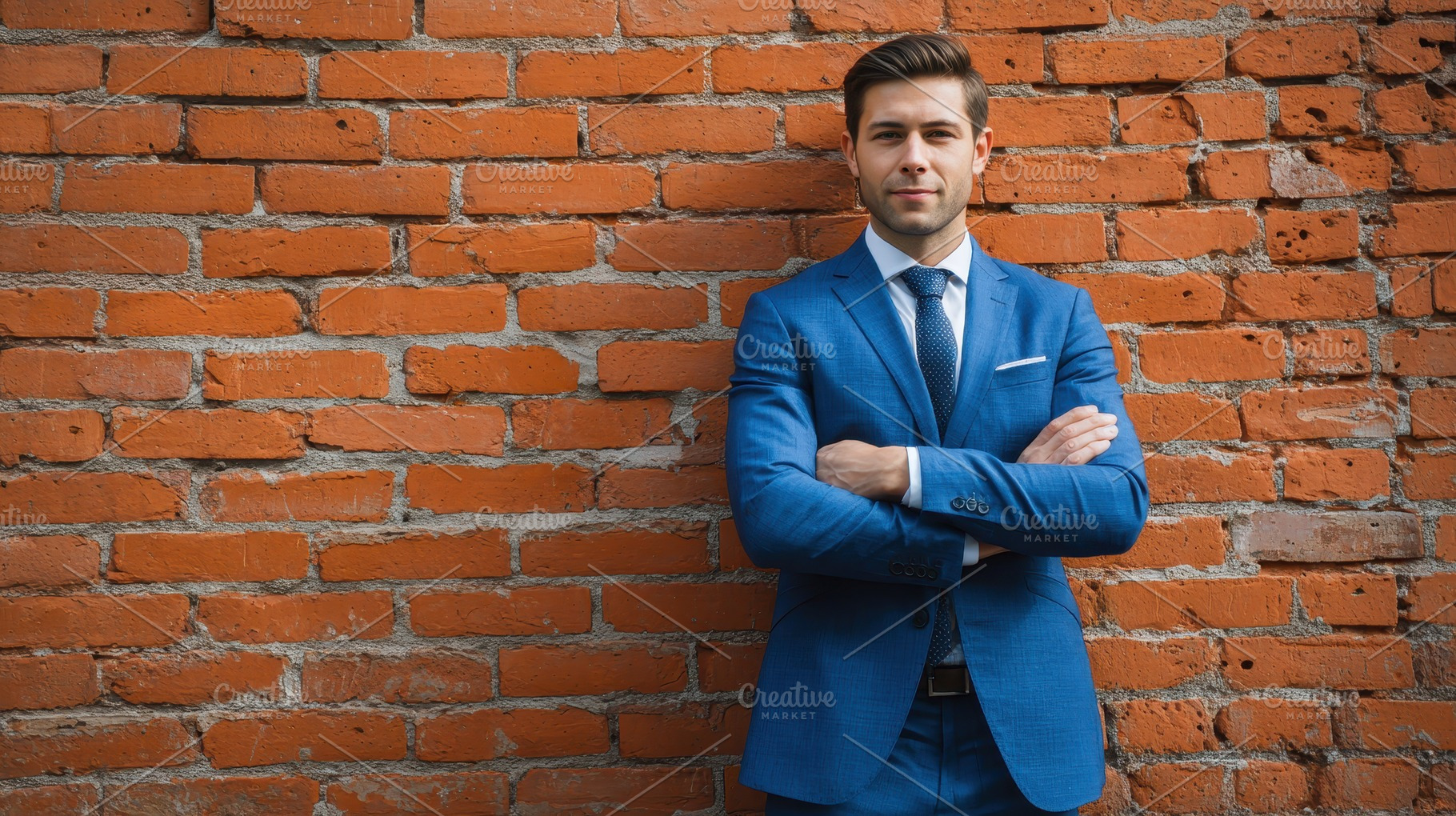Confident man in blue suit standing, a Photo by Pavel_design