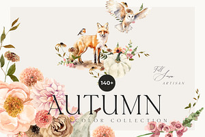 AUTUMN Watercolor Flowers & Animals