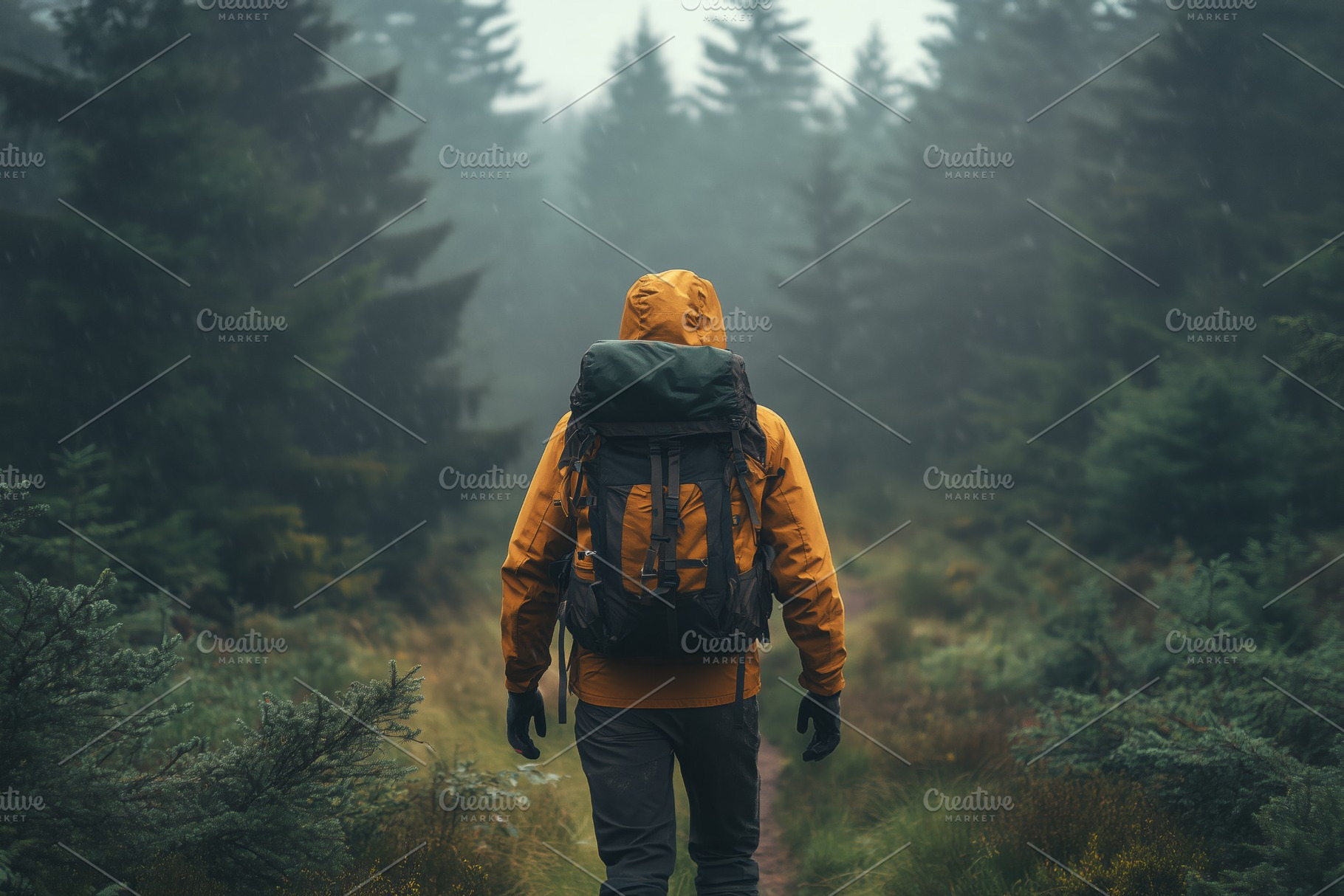 A forester hiker in an orange jacket walks through a misty forest, surrounded b, a Person Photo by Textures & Backgrounds