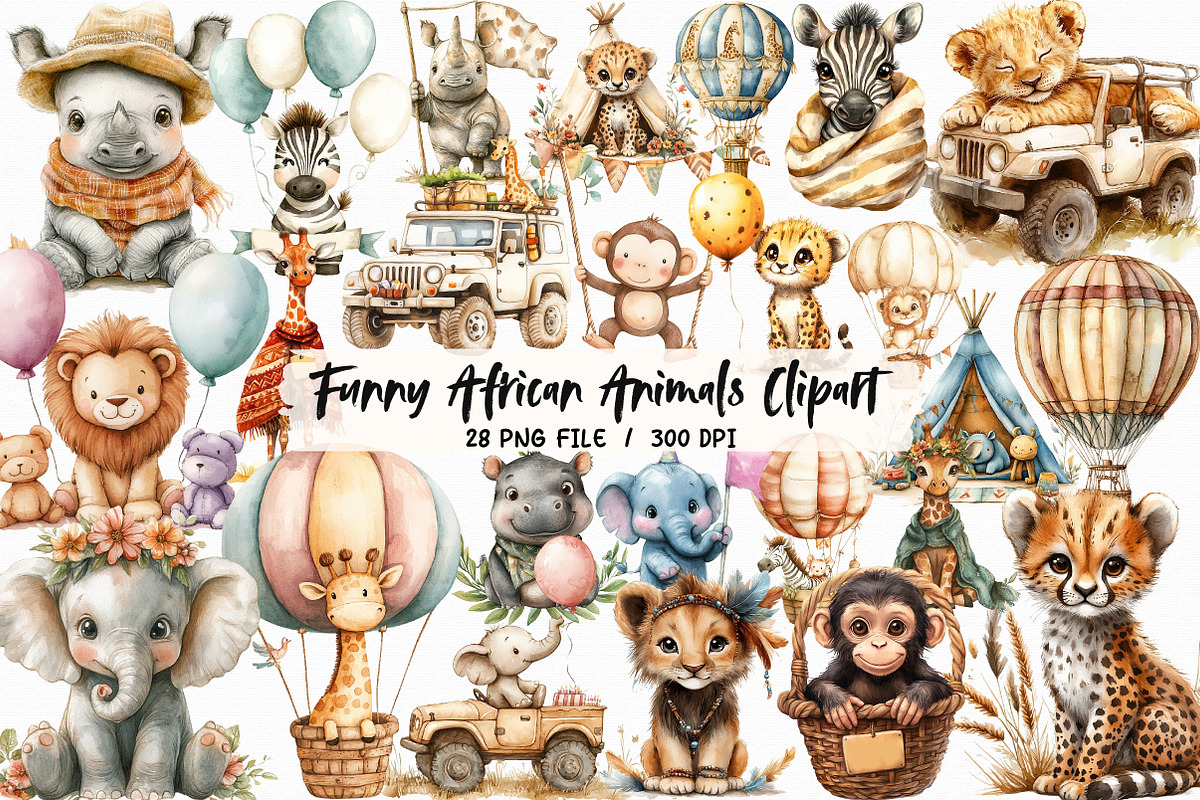 Funny African Animals Clipart Set, an Illustration by Libby Wishes (Photo 1 of 6)