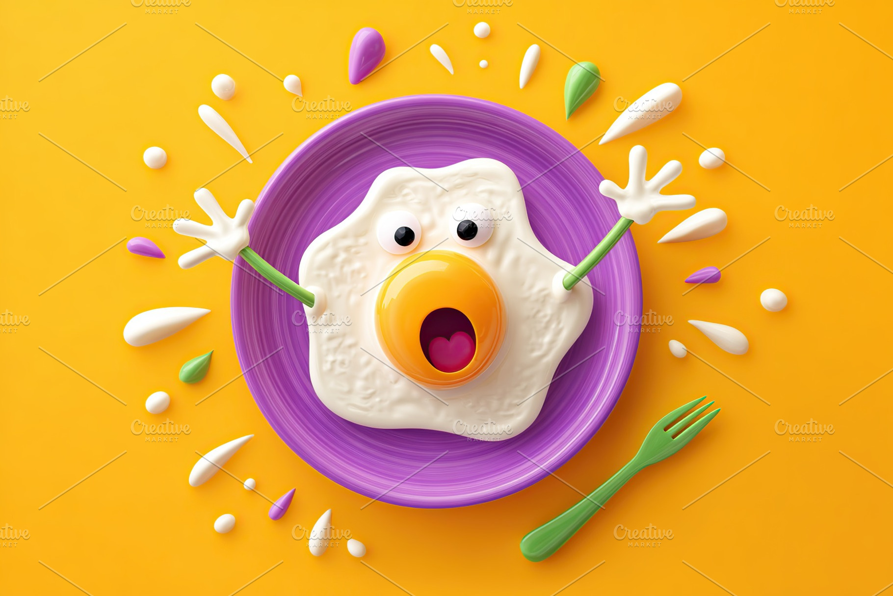 Bright purple plate features a surprised egg character with dancing arms and ch, a Food & Drink Photo by AlyaAnd