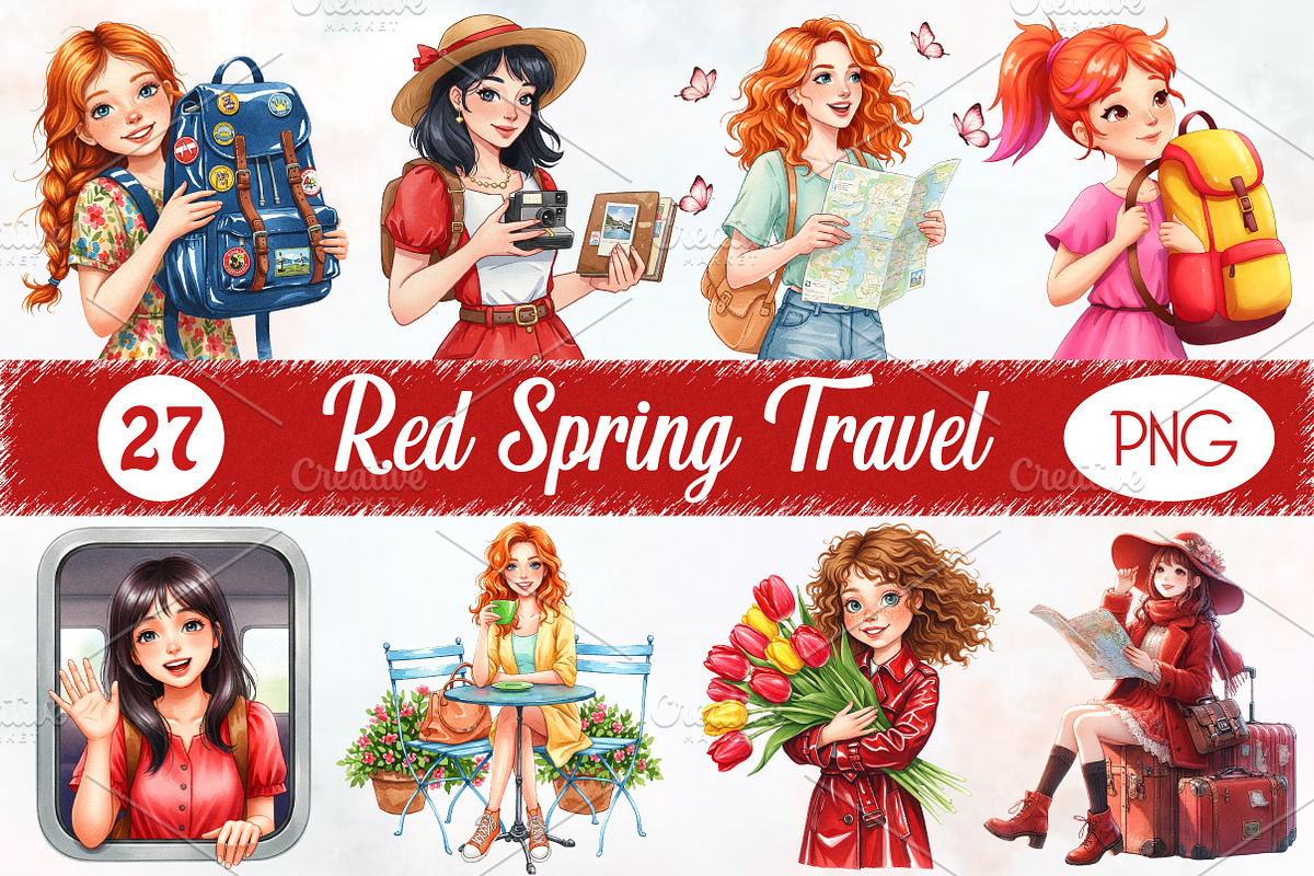 Red Spring Travel Watercolor Clipart, an Illustration by RobertsArt (Photo 1 of 8)