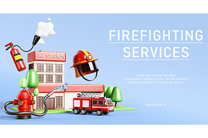 Firefighting services 3d banner with, a Cars & Vehicle 3D Model by Marozhkastudio