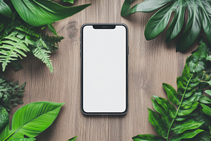 A smartphone iPhone mockup with a blank screen placed on a wooden surface surro, an iPhone Mockup by Textures & Backgrounds