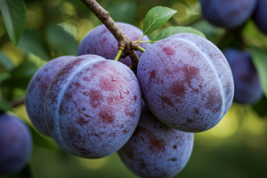 Closeup of ripe purple plums hanging, a Food & Drink Photo by professorinc