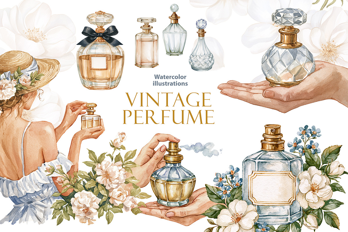 Vintage Perfume Watercolor Cliparts, a Person Illustration by NataliMiasStore (Photo 1 of 3)