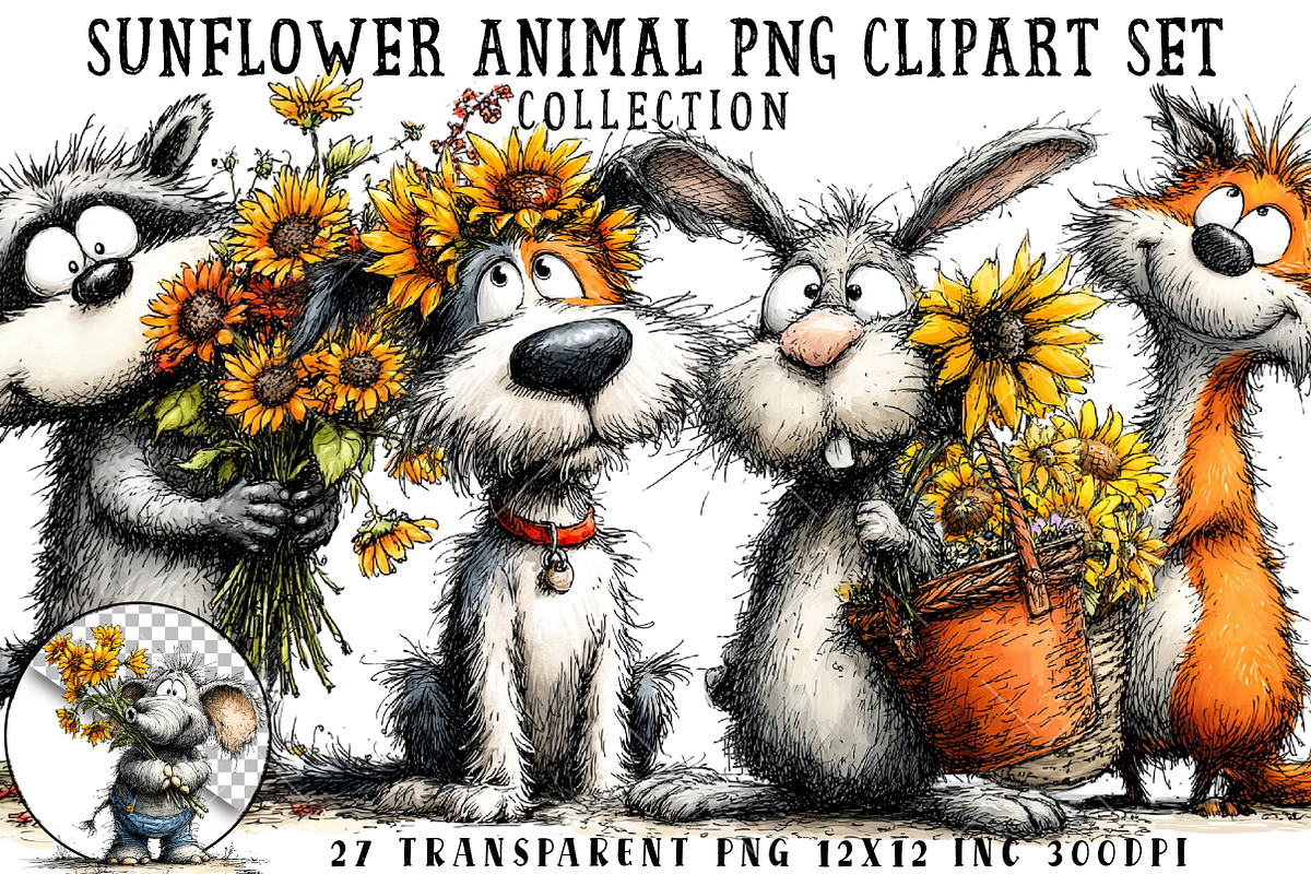 Sunflower Animal PNG Clipart Set, a Seasonal Illustration by OK Design (Photo 1 of 6)