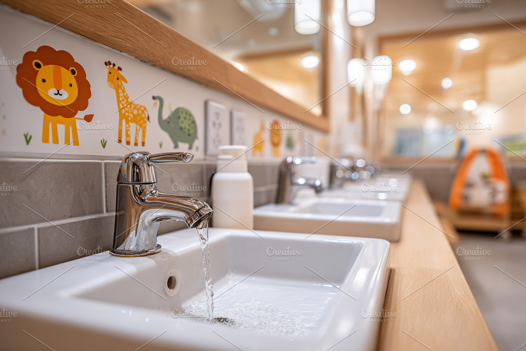 Fun and colorful restroom sinks designed for children in a playful environment, a Photo by AlyaAnd
