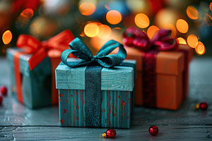 Colorful christmas gift boxes with ribbon bows on blurred lights background, a Holiday Photo by AlyaAnd