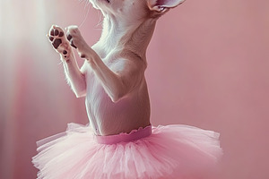 Dog in pink tutu standing on hind legs in a playful pose, a Photo by AlyaAnd