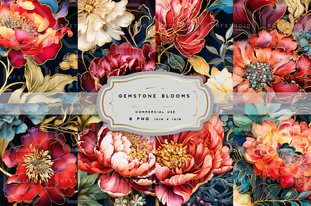 GEMSTONE BLOOMS. Seamless Patterns