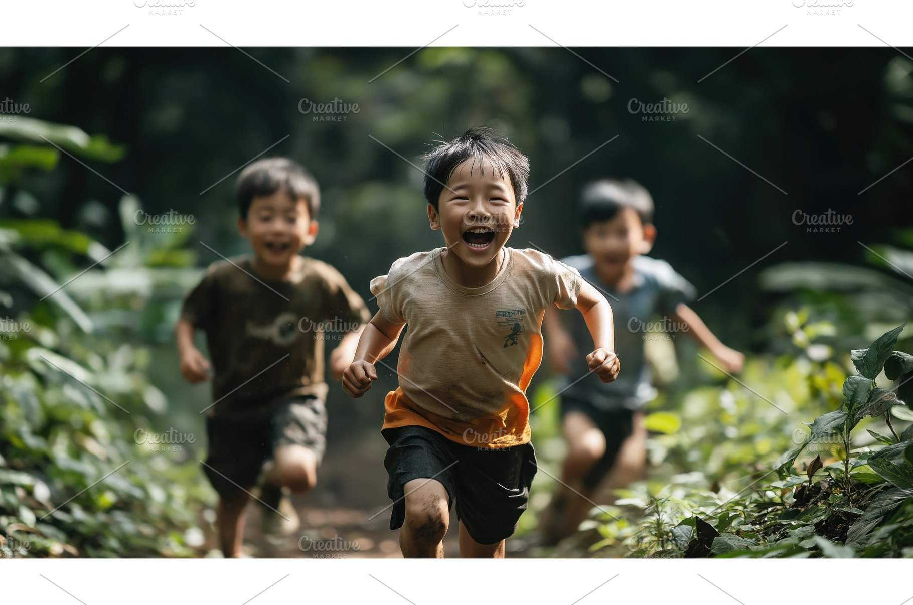 Three joyful Asian boys are running, a Nature Photo by Sergey Kotenev