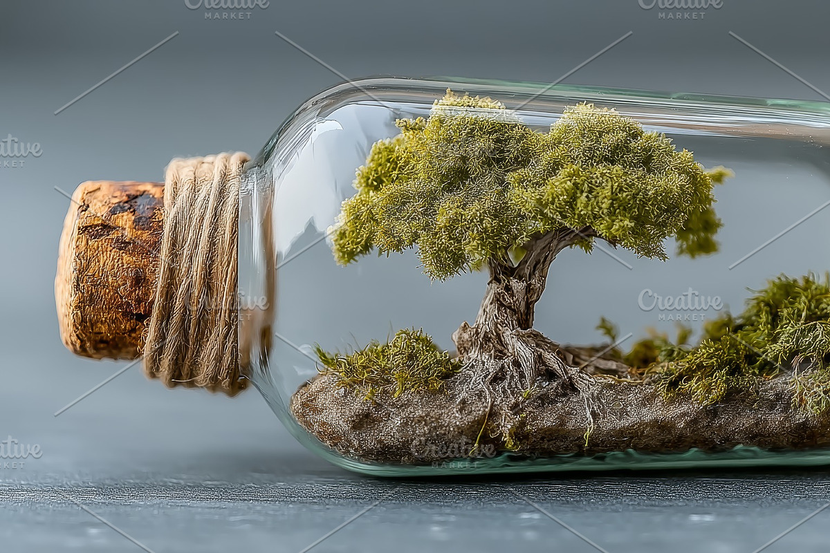 Miniature tree enclosed in a glass bottle showcasing nature and creativity, an Illustration by AS photostudio