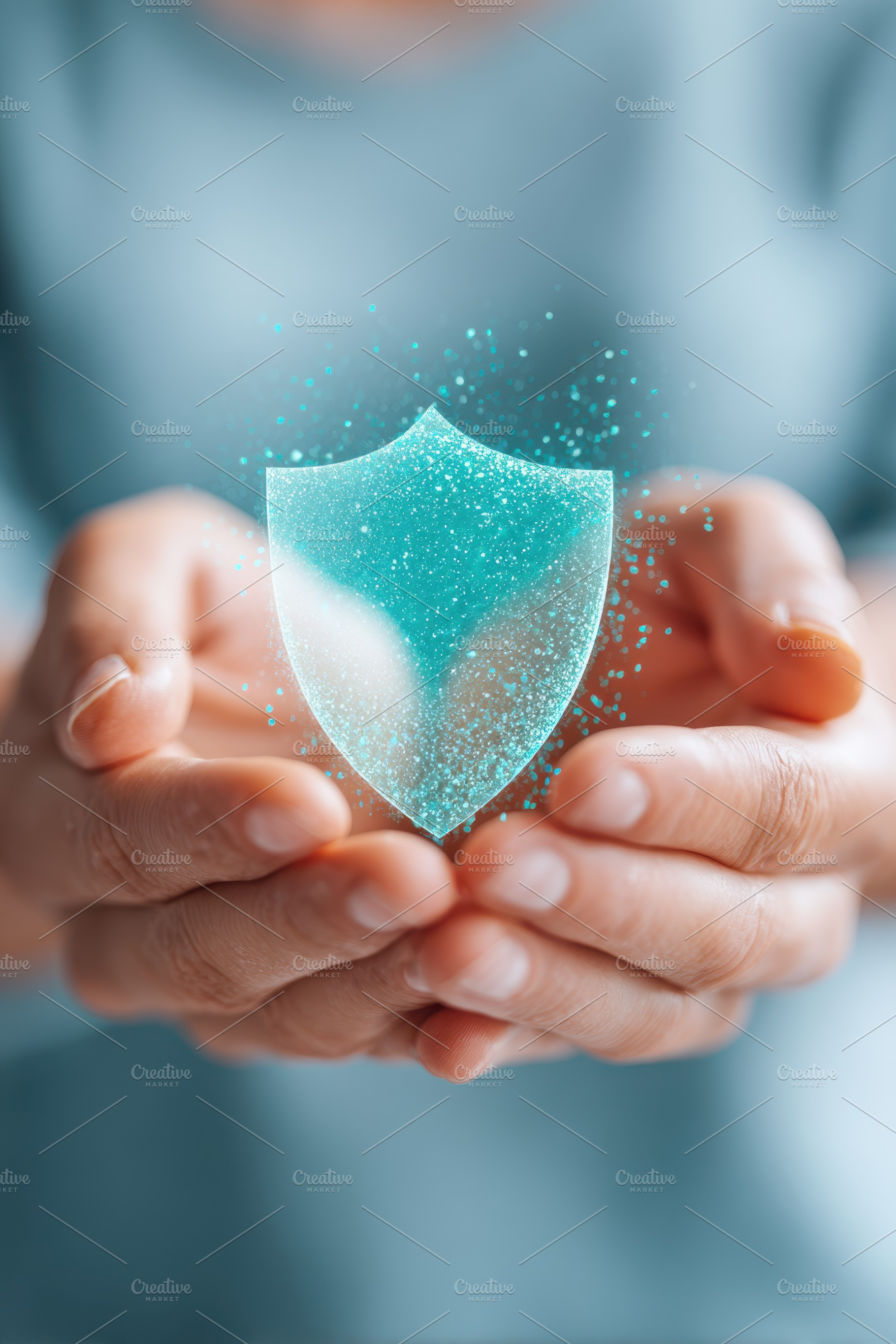 Hands holding a glowing shield symbol for protection, a Business Photo by AlyaAnd