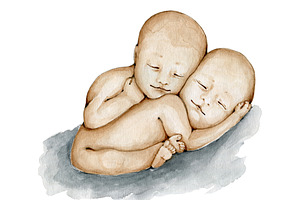 Cute Twins Newborn Watercolor Baby