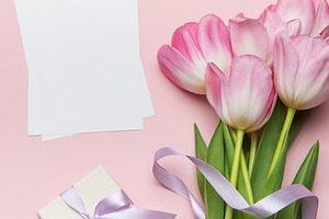 Pink tulips, gift box and blank cards creating a festive flatlay, a Holiday Photo by Olena Rudo