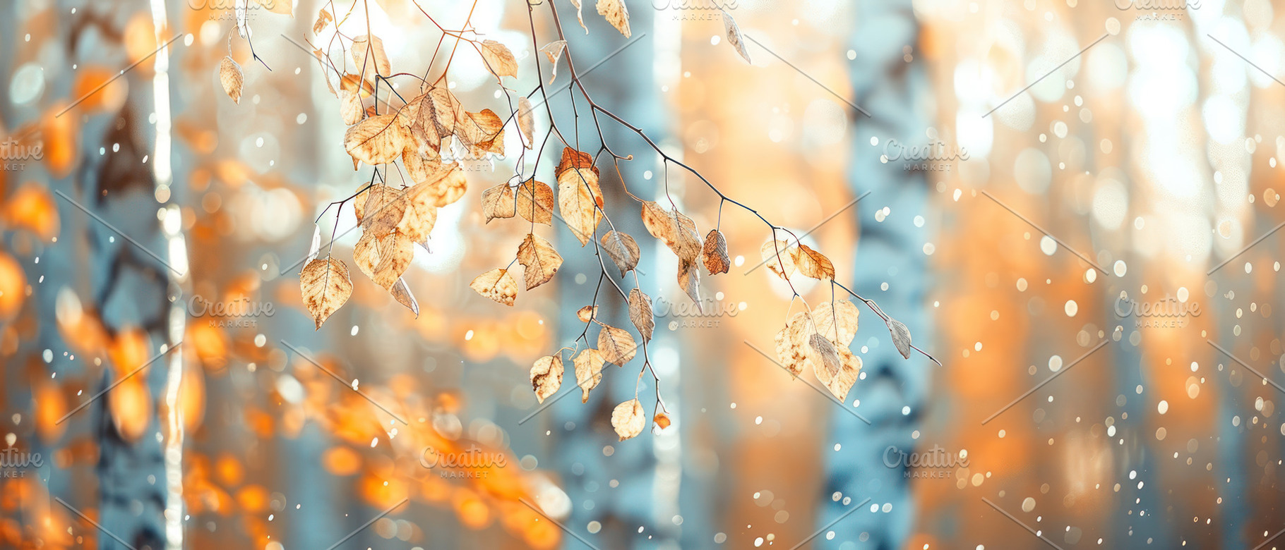 Golden autumn leaves hanging from a, a Photo by LOGOCREATIVE