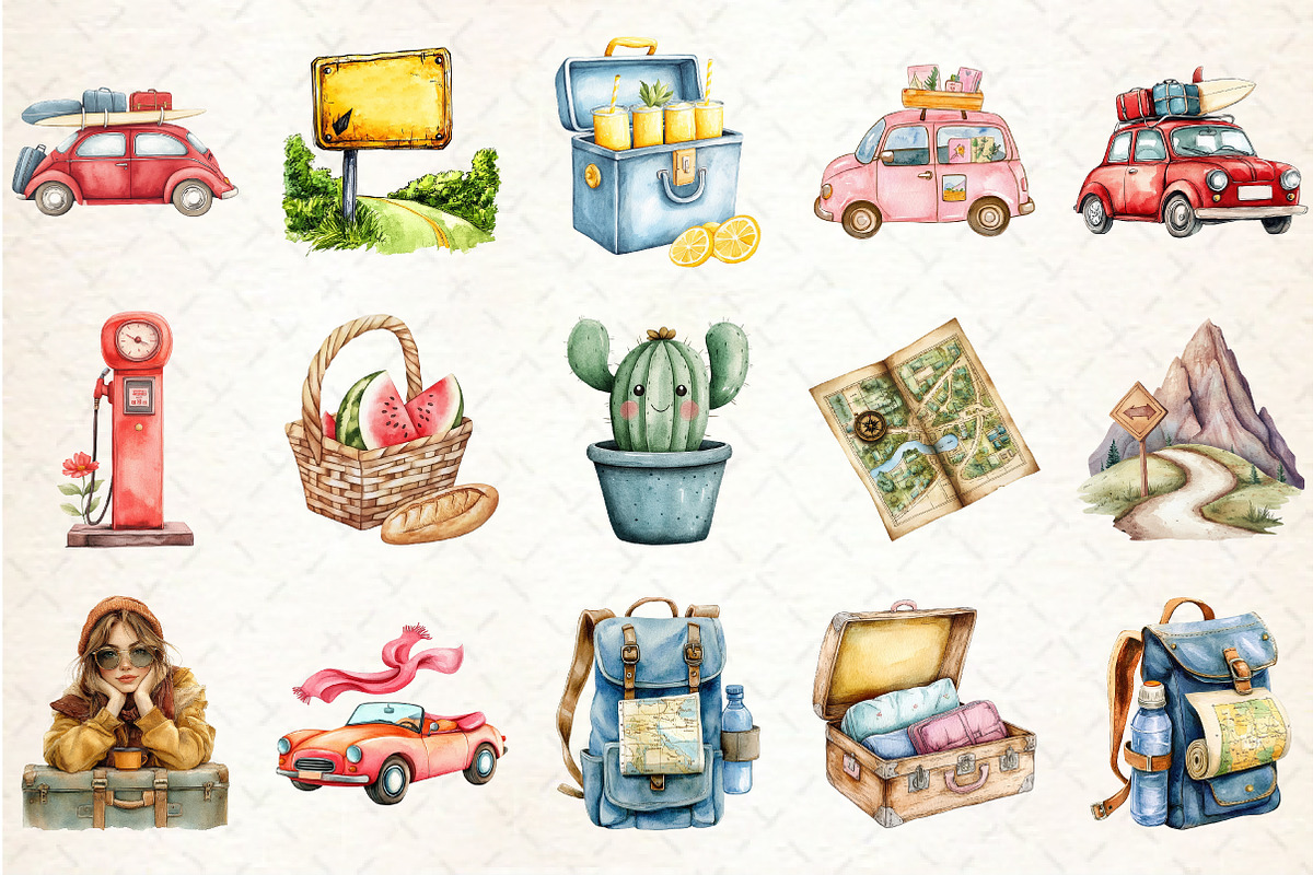 Watercolor Summer Road Trip Clipart, an Illustration by Rose Art (Photo 2 of 4)