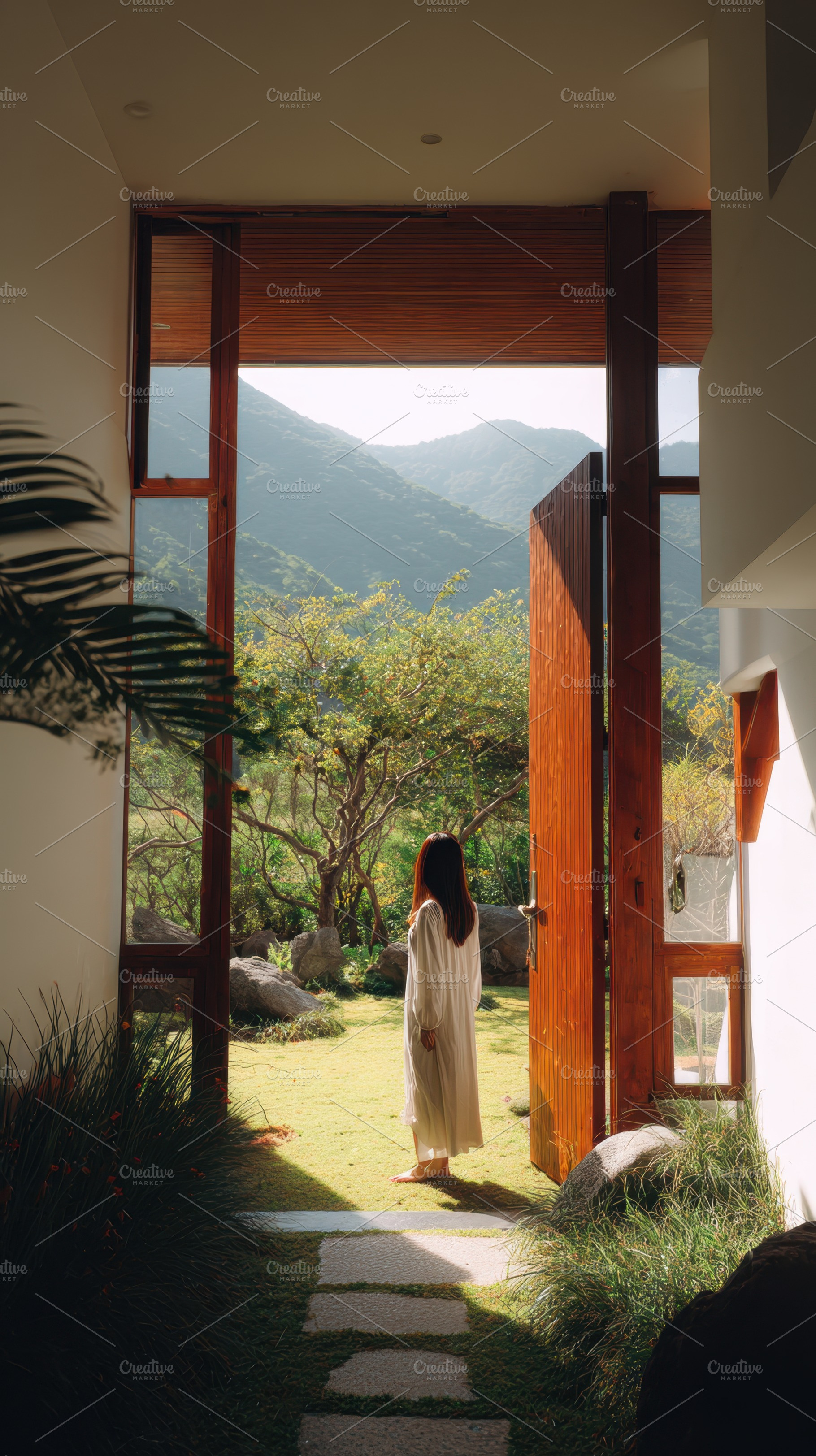 Woman in doorway, mountain view, a Photo by Beautiful things