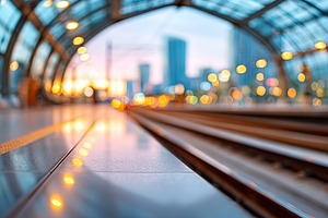 Train tracks glimmering at sunset in a bustling urban train station, a Photo by AlyaAnd