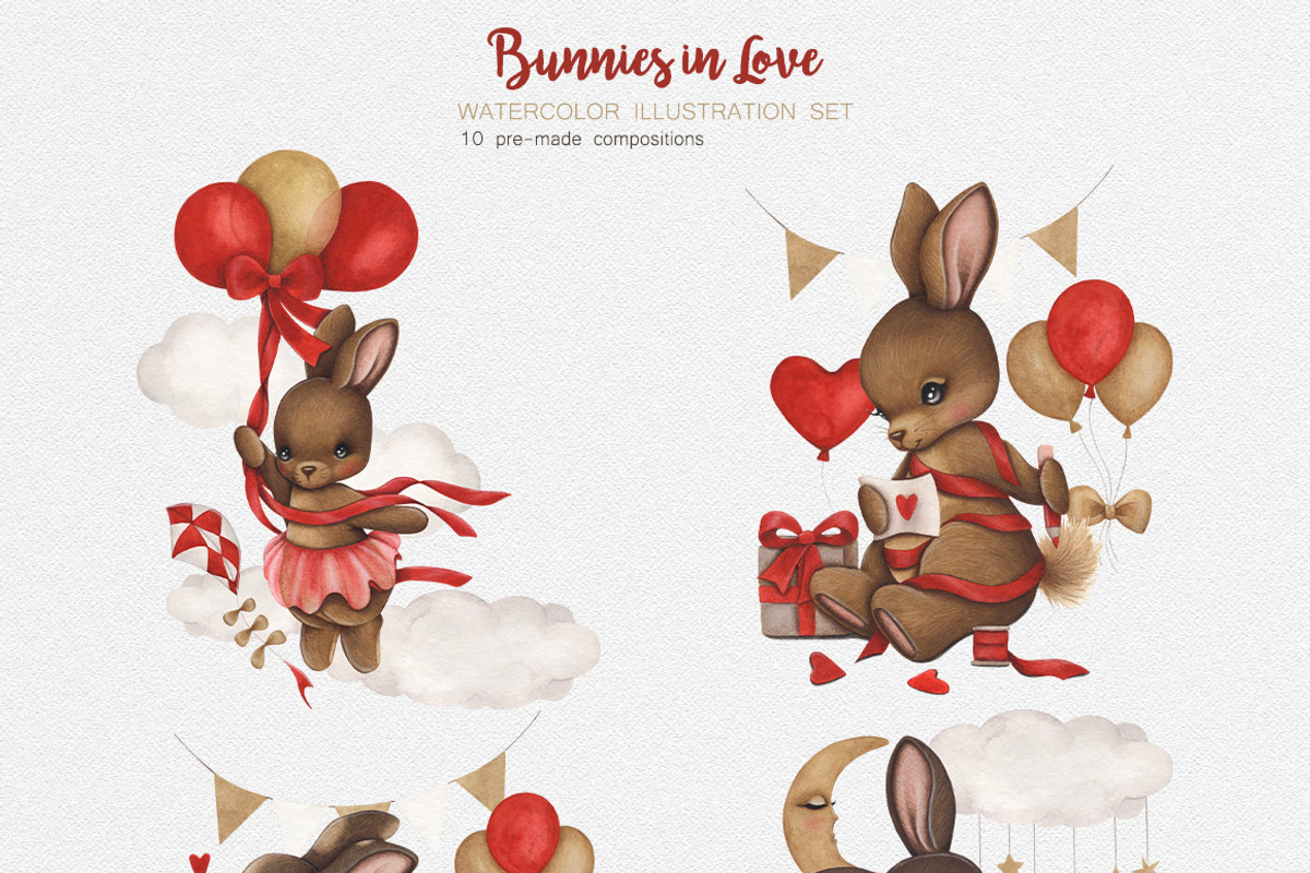 Cute Watercolor Set Bunnies In Love, an Animal Illustration by ViktoriyaD (Photo 4 of 7)