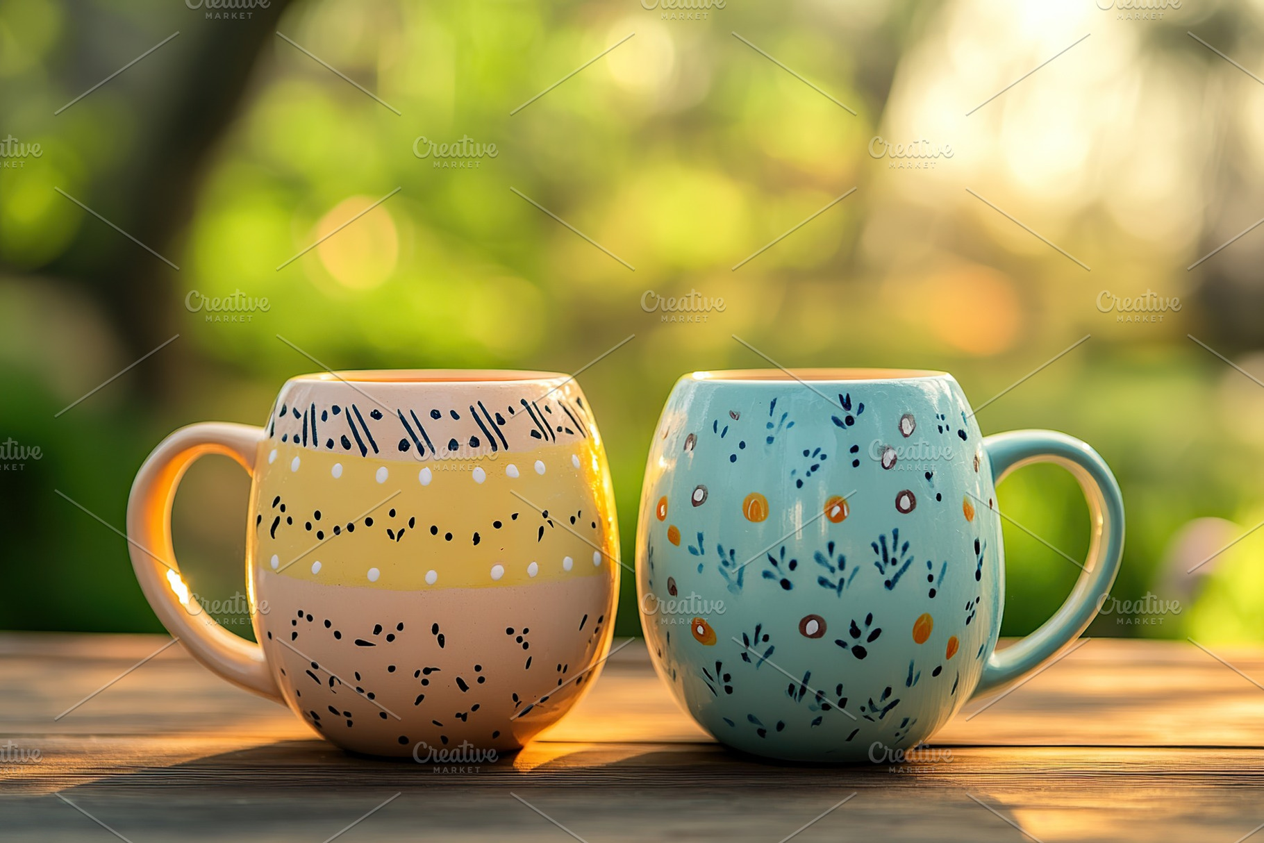 Colorful ceramic mugs on blurred green nature background, a Food & Drink Photo by AlyaAnd