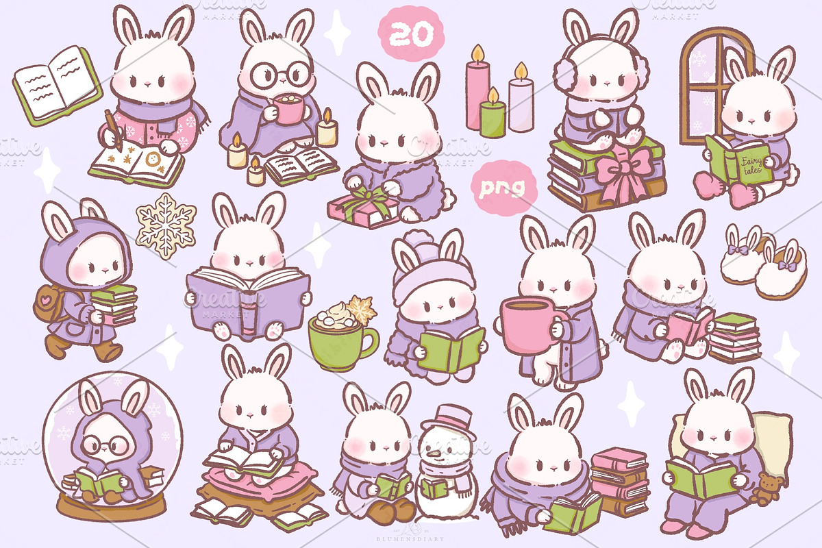 Kawaii Bunny Bookish Winter Clipart, an Animal Illustration by Blumensdiary (Photo 2 of 7)