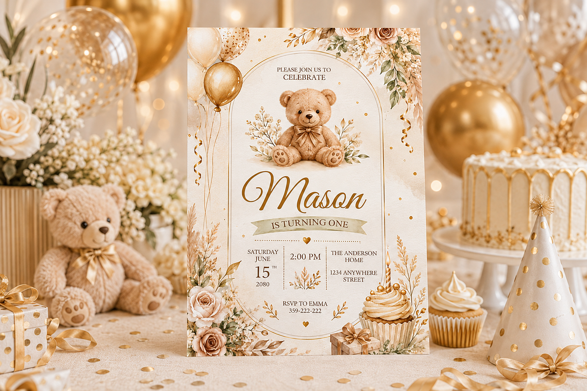 Teddy Bear First Birthday Invitation, an Invitation Template by S Graphic Studio (Photo 4 of 10)