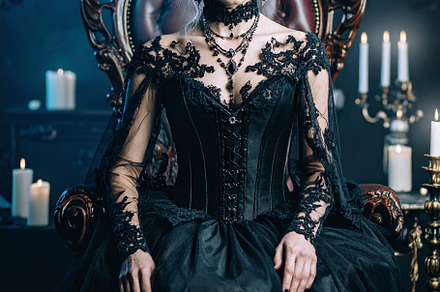 beautiful young goth woman black dress, AI generated