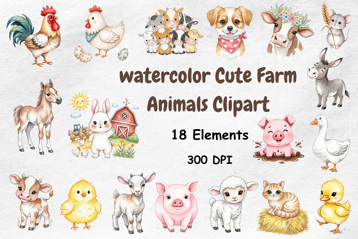 Watercolor Cute Farm Animals Clipart, an Animal Illustration by BerryPieArt (Photo 1 of 4)