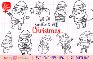 Santa & Elf Outline Clipart