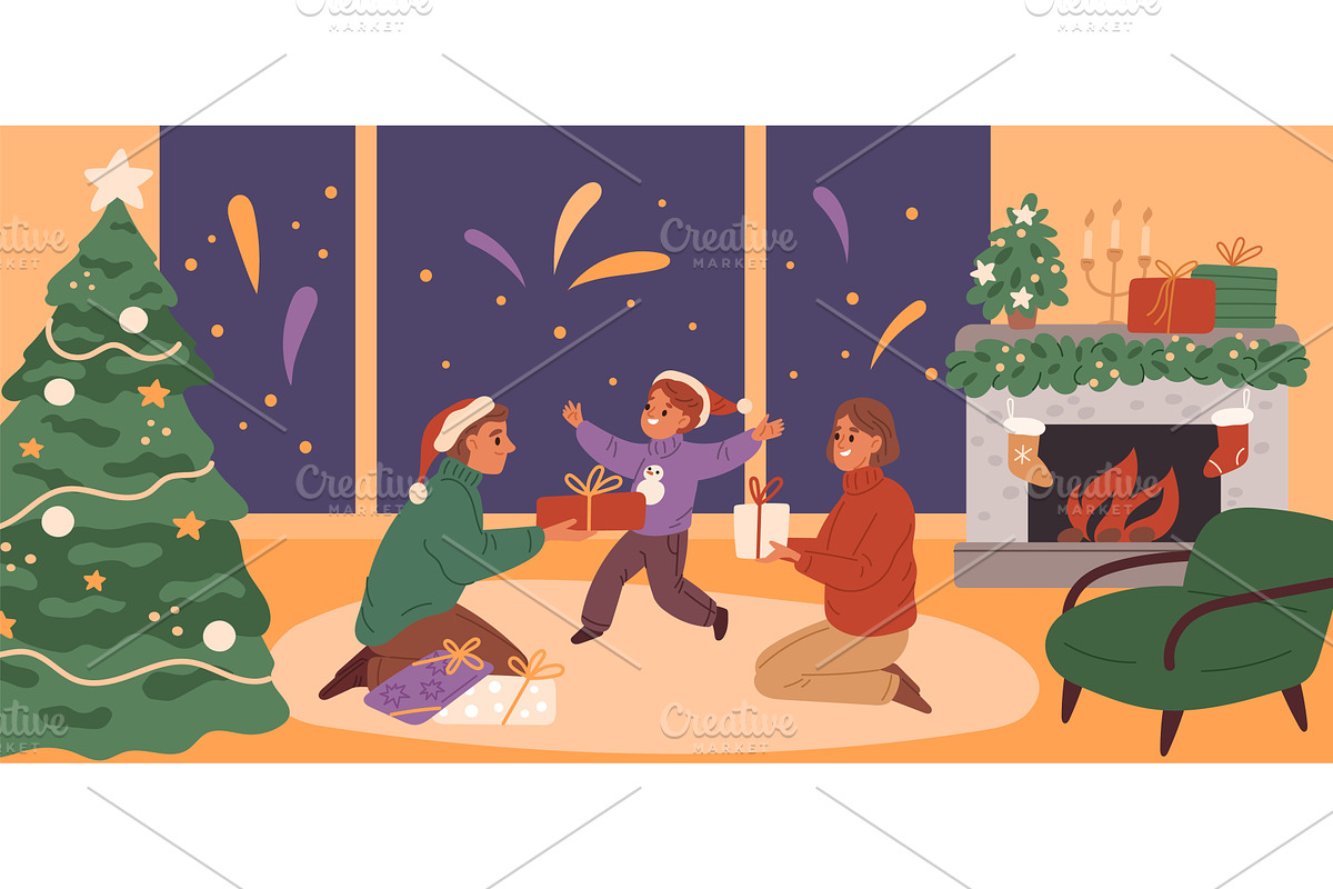 Family exchange Christmas gifts, a Person Illustration by YummyBuum