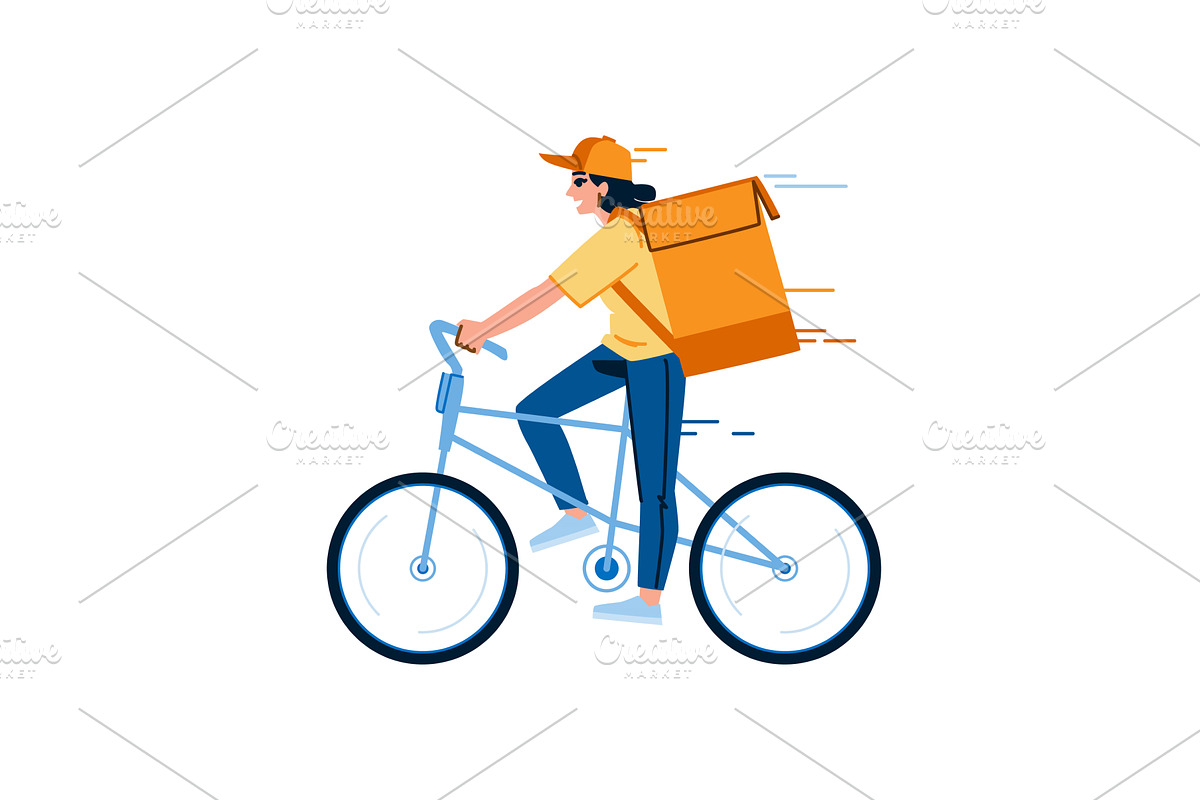 Courier riding bicycle delivering, an Illustration by pikepicture
