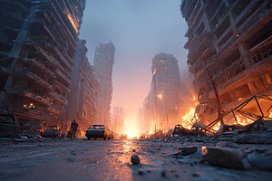 Cityscape engulfed in flames and smoke, showcasing devastation and chaos at dus, a Photo by AlyaAnd